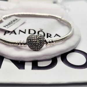 Pandora Moments Sparkling Heart Claps Snake Chain Charm Bracelet Size 7.5 Inches